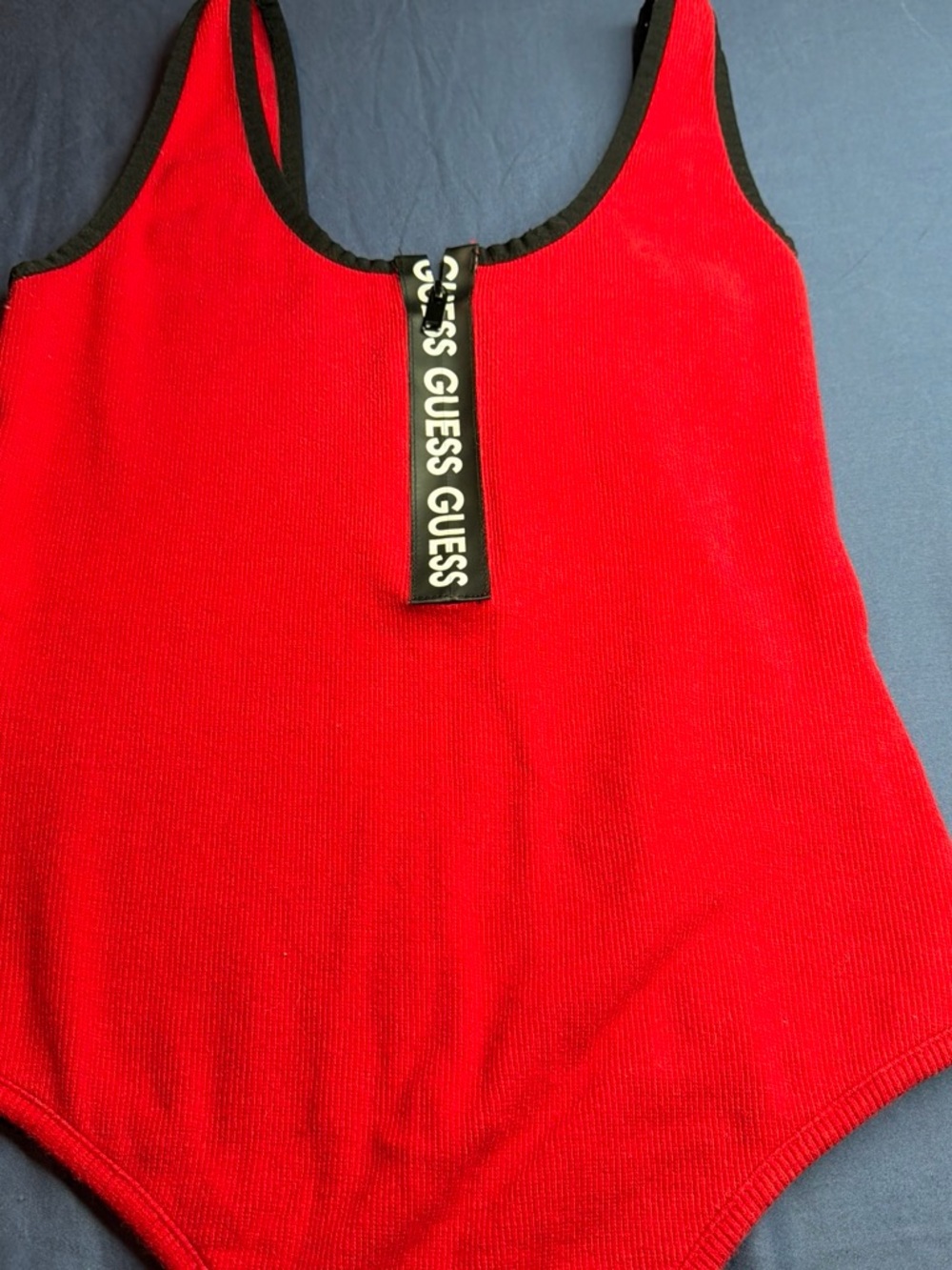 GUESS Red Ribbed Tank Bodysuit with Logo Zip Pull